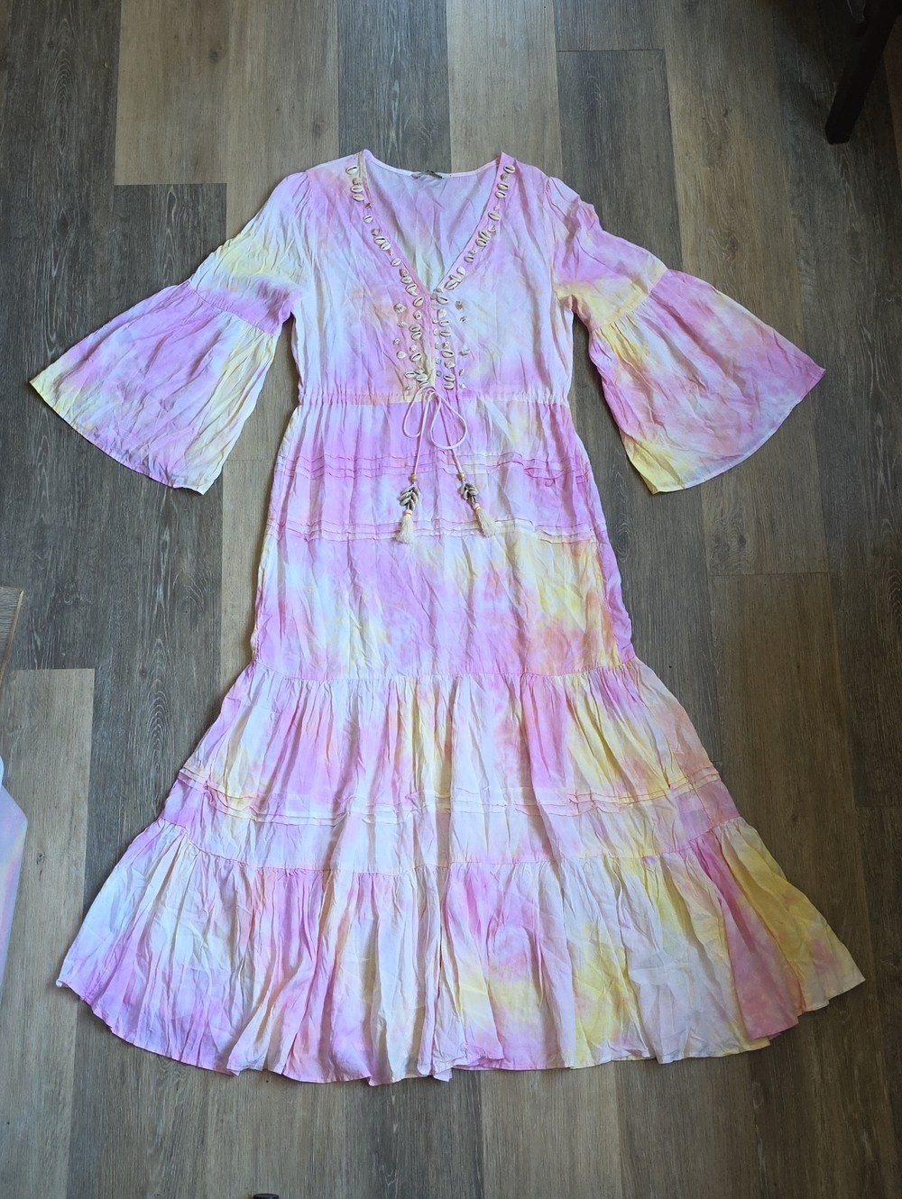 SMF Pink & Yellow Tie-Dye Flutter Sleeve Maxi Dress